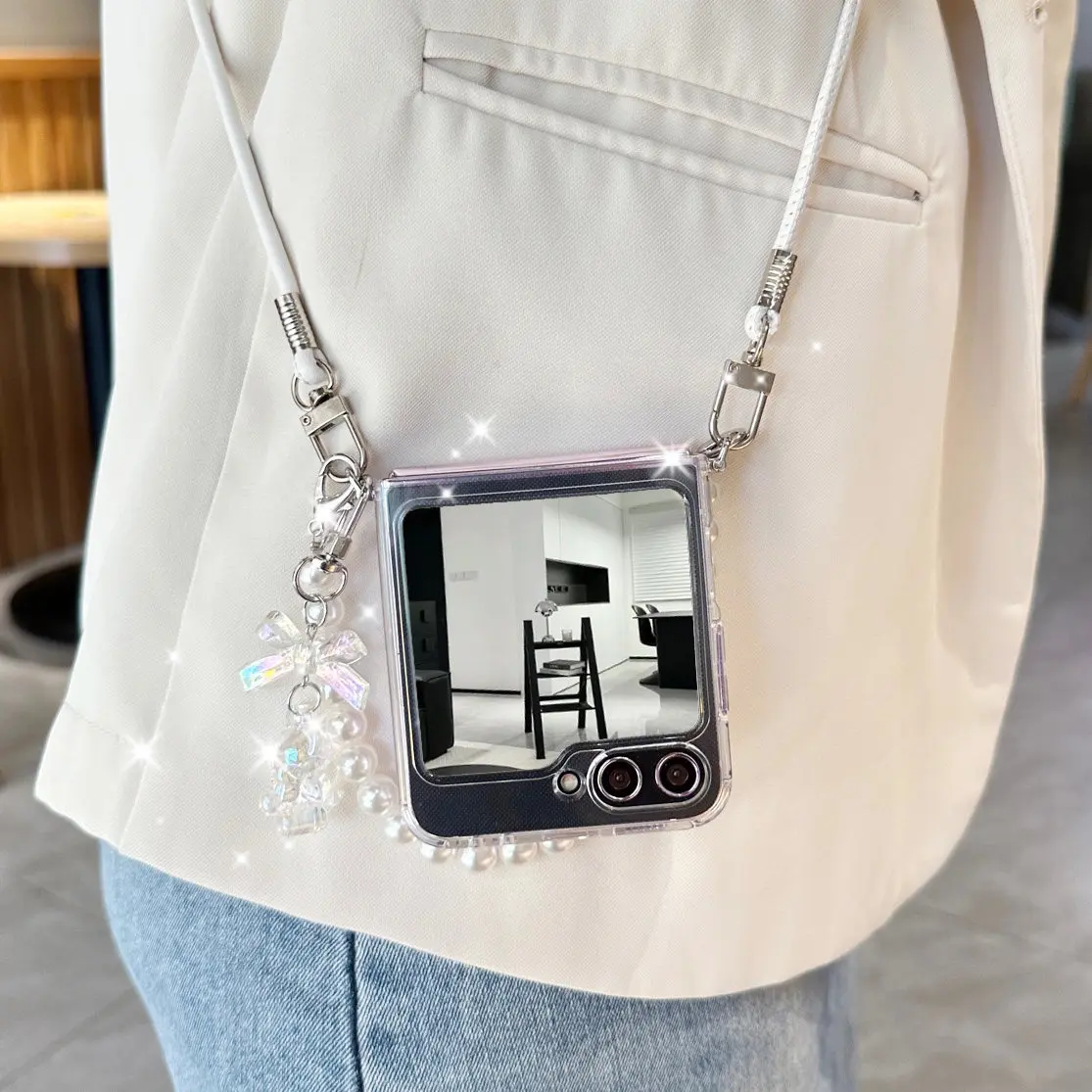 Crossbody Lanyard Transparent Toldable Phone case For Samsung Galaxy Z Flip 7 6 5 flip6 Pearl Bracelet Bear Pendant zflip7 Cover