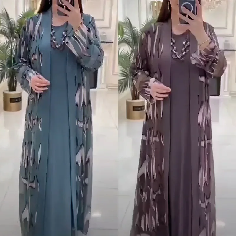 Printed Cardigan Robe 2 Piece Set Abayas Women Autumn Muslim Sets Elegant Party Long Dress Arab Abaya Dubai Turkey Islam Kaftan