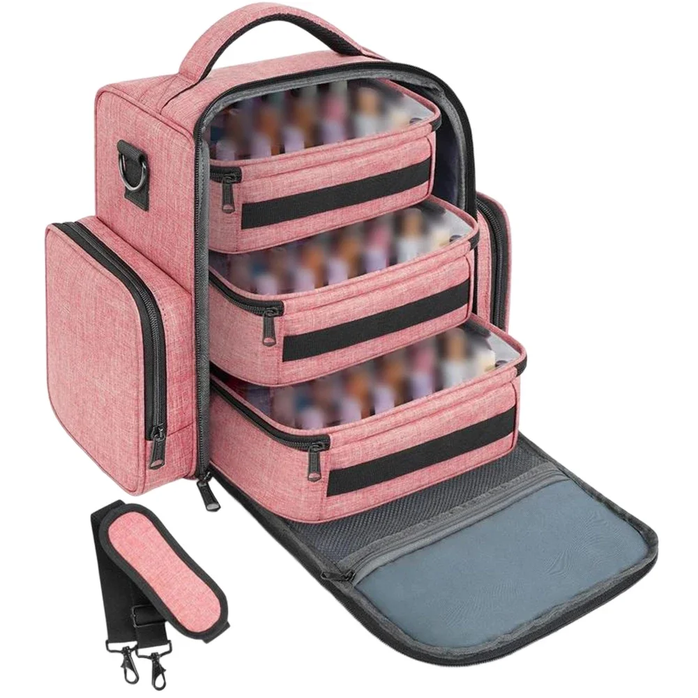 Bolsa Organizadora de Esmaltes de Uñas de Viaje con Correa de Hombro Ajustable, Asas Superiores Dobles y 4 Bolsas Transparentes Extraíbles