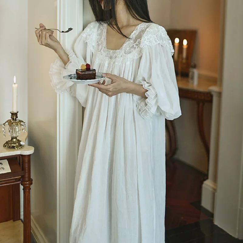 Delicate Vintage Embroidery Cotton Women's Long Nightgowns With Breast Pads Luxury Sleepwear Elegant Loose Spring Autumn Dress - Image 2