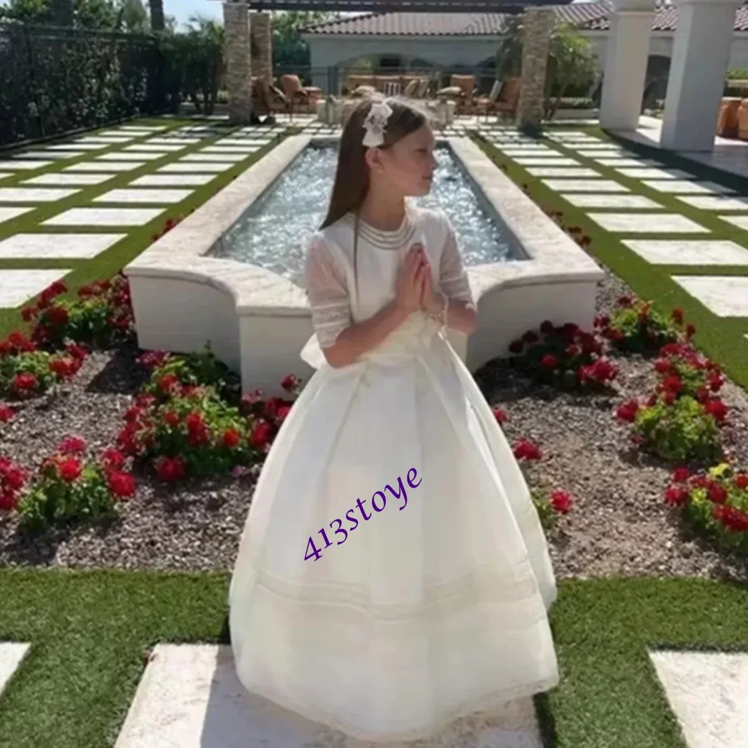 فساتين فتاة الزهور Lvory مخصصة لحفلات الزفاف من الساتان نصف كم للمناولة الأولى أنيقة الأميرة مناسبة رسمية P