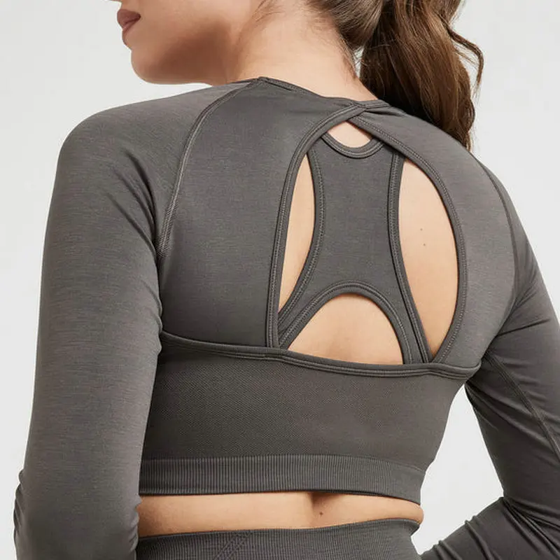 Long Sleeve Women Yoga Shirt Seamless Crop Top Open Back Workout Tops For Women Fitness Running Shirts Gym Sport Top ActiveWear