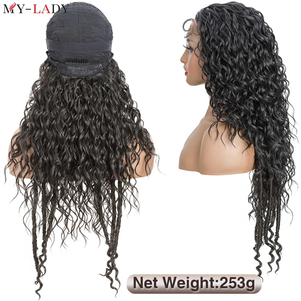 Mijn-Lady 28Inch Gevlochten Synthetische Kant Voorkant Pruik Vlechten Godin Faux Locs Pruik Kant Pruiken Krullend Haar Baby Haar Afro Braziliaanse Pruiken