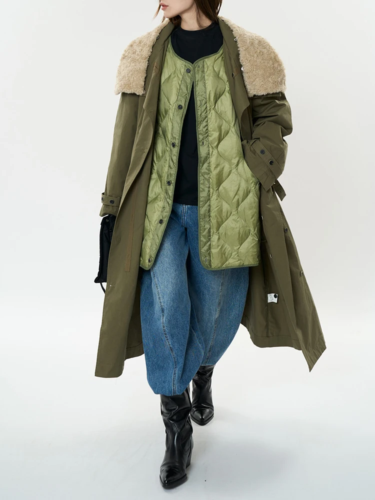 [EAM] Green Detachable Big Size Double Layers Down Jacket New Long Sleeve Warm Women Parkas Fashion Autumn Winter 2024 1DH7865