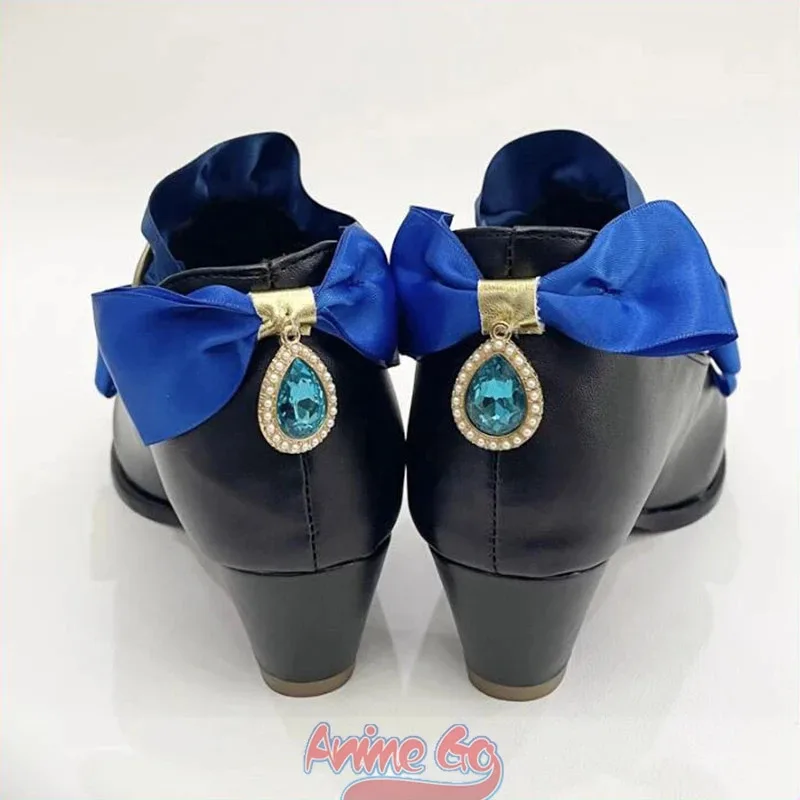 Game Genshin Impact Furina Cosplay Shoes Blue Bow Black Chunky Heels C08546