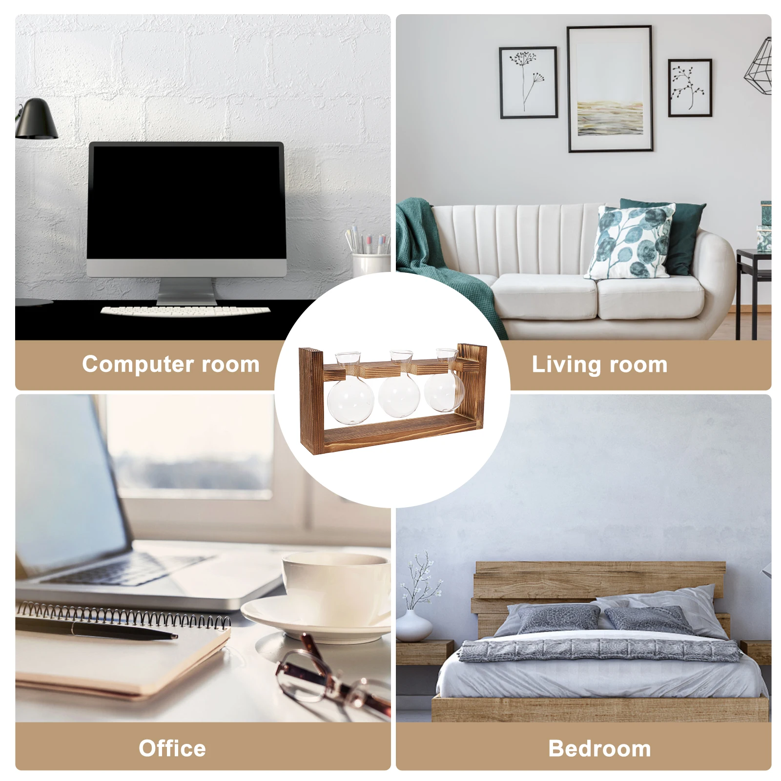 

1 Set Glass Wooden Hydroponic Flower Vase For Home Office Decor Desktop Plant Container, Water Cultivation Jar, Indoor Table