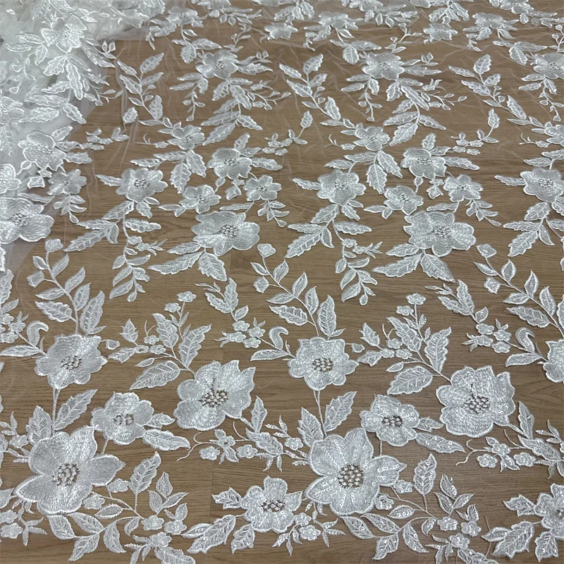 New Style Flora Off White Embroidery Tulle Mesh French Wedding Dress Lace Fabric Sell By One Yard