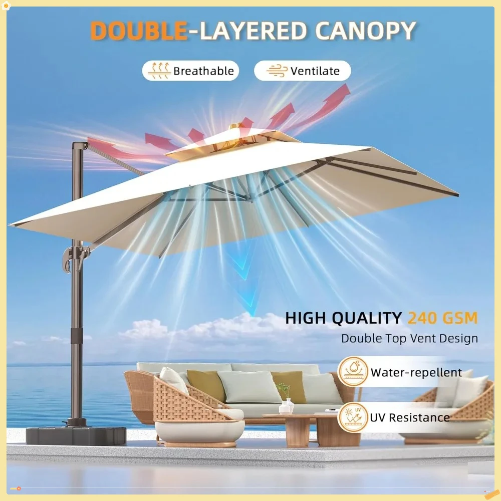 Guarda-chuva de pátio deslocado 10x13 pés, 360 °   Girando para Piscina e Deck Bege