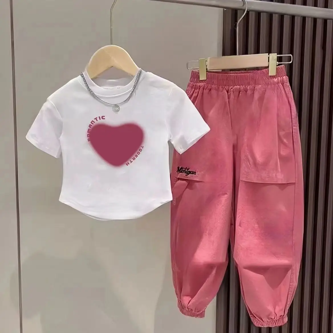 Girls' Summer Set New Fashionable Western Style Children's Short Sleeve T-shirt Work Pants Middle and Large Children's Two Piece