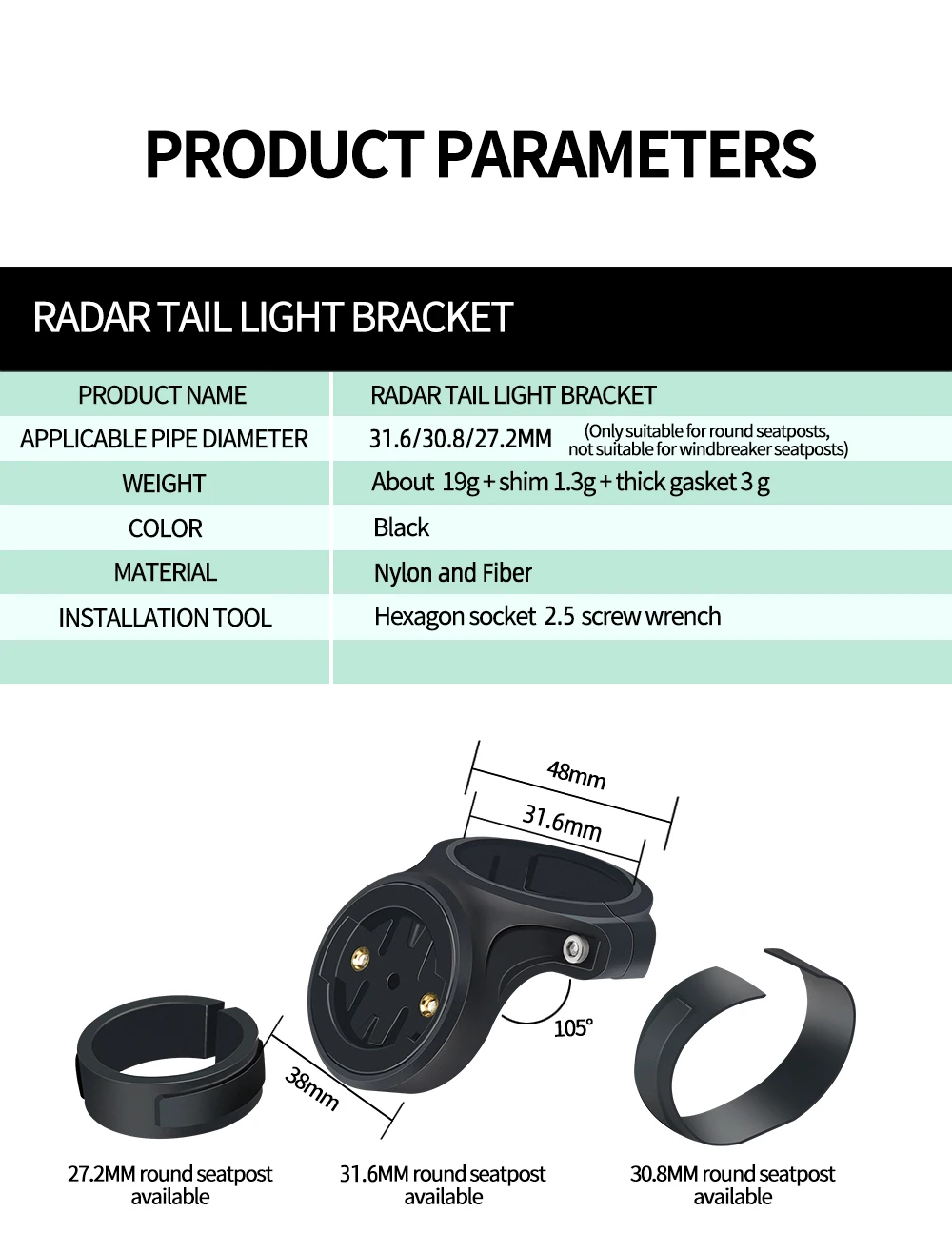 CYCLAMI Fahrrad Lampe Halterung Fahrrad Sattelstütze Halterung Rücklicht Sattelstütze Halter Für Garmin Varia Radar Rück RVR 315 RTL510 515 500 – Detail 4