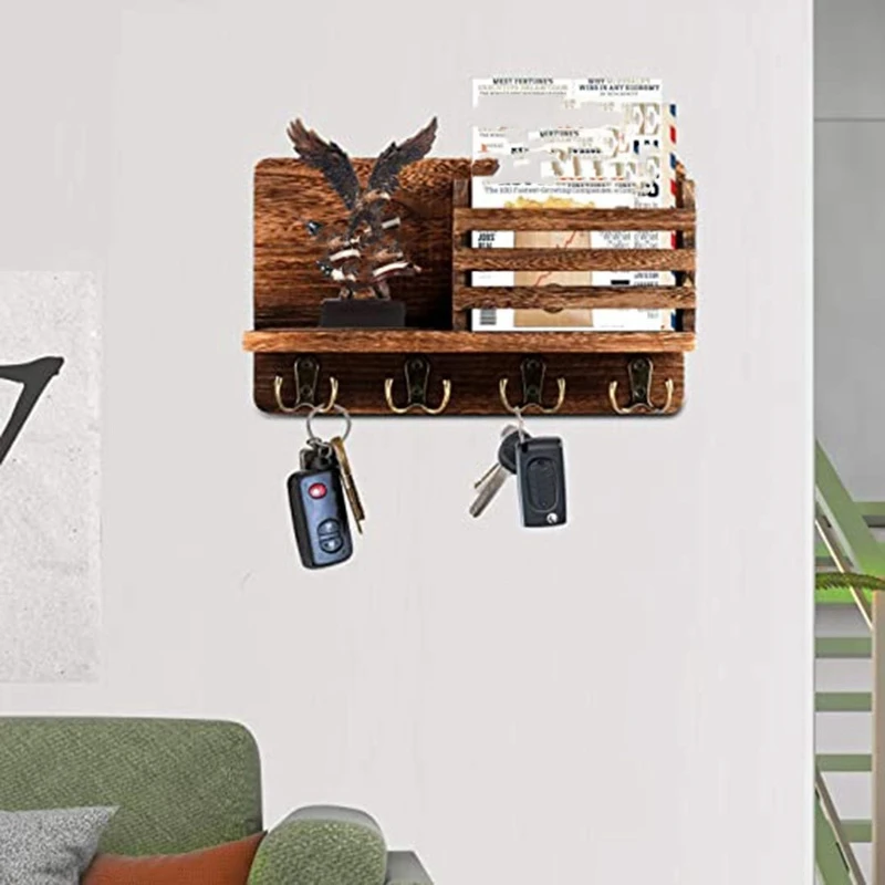 Entryway Mail Envelope Organizer With 4 Key Hooks Wall Mounted, Rustic Wood Mail Holder Shelf With Key Hooks For Wall