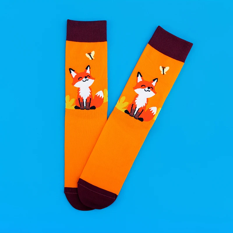 1 pair Cute Smiling Fox Mid-Calf Socks - Orange & Brown Contrast Cartoon Fashion Socks for Women - view 4