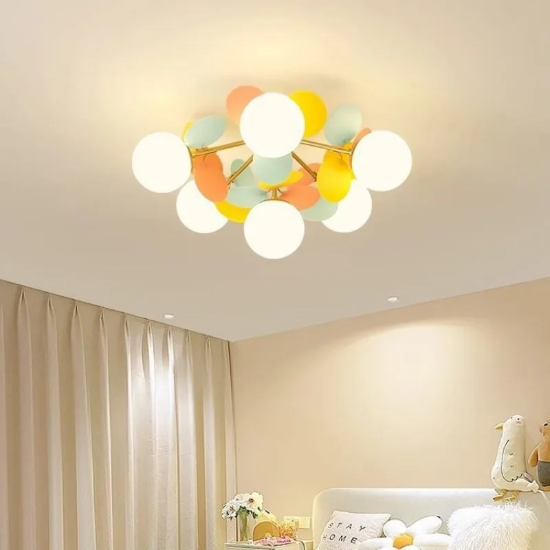 Modern Spherical LED Ceiling Light Living Children Room Aisle Bedroom Lighting Romantic Color Sheet Glass Ball Iron Chandelier