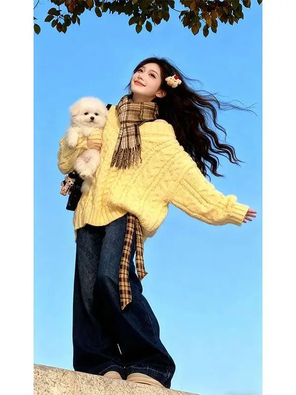 

Soft Cozy Yellow Knitted Sweater And Jeans Two-Piece Set Women's Faion Casual Sle High Waist Long Pants Autumn Wear
