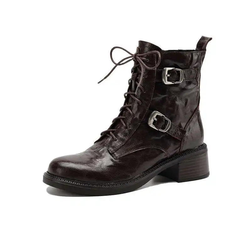 Krazing Pot Sheepskin Round Toe Med Heels Lace Up Cross-tied Modern Boots Keep Warm Winter Shoes Silver Metal Buckle Ankle Boots
