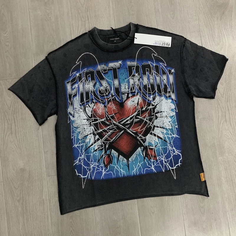 2026 Latest Brand FIRST ROW T-shirts Shiny High Quality Hot Drill Short Sleeve American Retro Wing Print Tops T-shirt