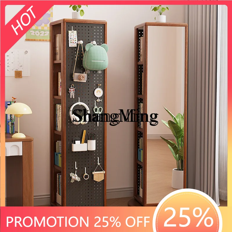 

SM wood rotating bookshelf floor-to-ceiling living room multi-layer shelf with full-length mirror storage hole bookcase