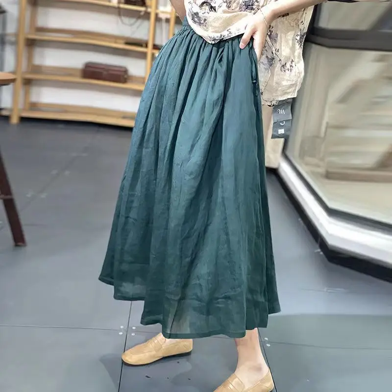 Gonna Estiva a Vita Alta in Cotone a Doppio Strato, Linea A, Plissettata, Midi, Snellente, per Donne Taglie Forti, Tinta Unita per il Lavoro