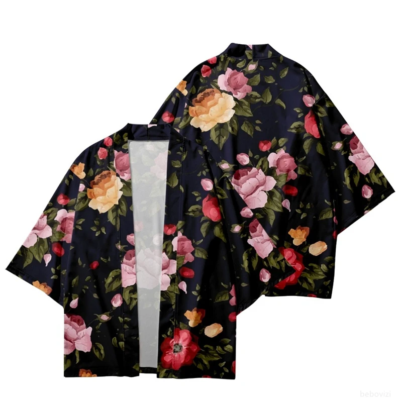 Fashion Casual Flowers Print Japanese Traditional Kimono Men Women Beach Yukata Cardigan Cosplay Haori Samurai Clothing