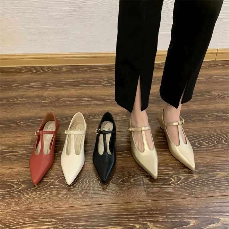 Pointed Toe Shoes Woman Flats Casual Female Sneakers Low Heels Oxfords Shallow Mouth Dress Leather New Rubber Leisure Buckle Str