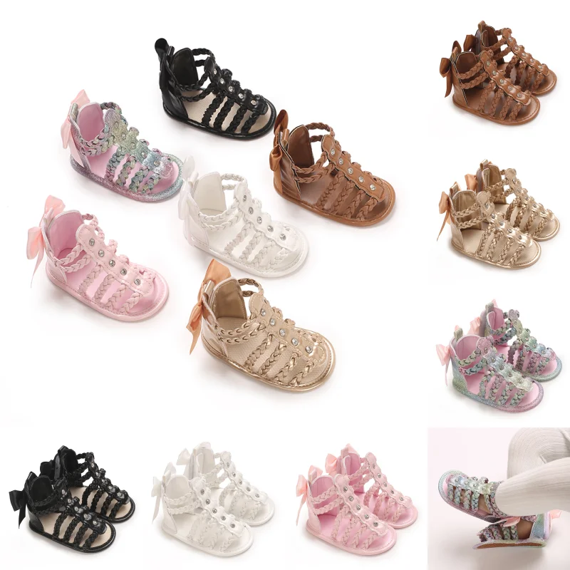 

Summer Roman Sandals Open Toe Woven Solid Color High Cut Minimalist Rivet Girl Baby Fashion Flat Sandals 0-18 First Walking Shoe