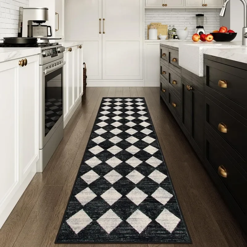 Checkered Washable Rug Runners for Hallways Non Slip,Black Kitchen Bathroom Runner Rug,Trellis Low Pile Indoor Carpet Runner