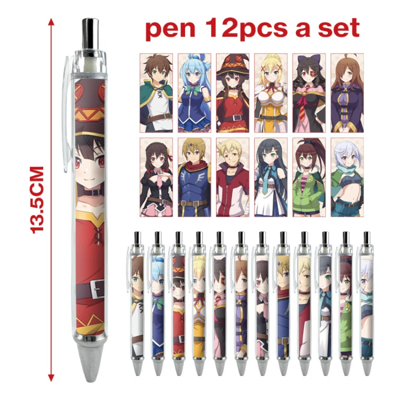 12PCS Sato Kazuma Aqua Hifumi Darkness Popular Anime Secondary Peripheral Ballpoint Pen Set Cartoon Print Stationery Gel Pen