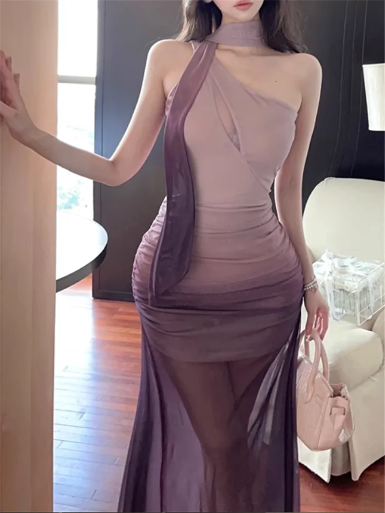 

Summer Ons Shoulder Strapless Mesh Sheer Long Party Dress Spicy Girl Fashion Holiday Irregular Halter Bodycon Midi Dress Robe