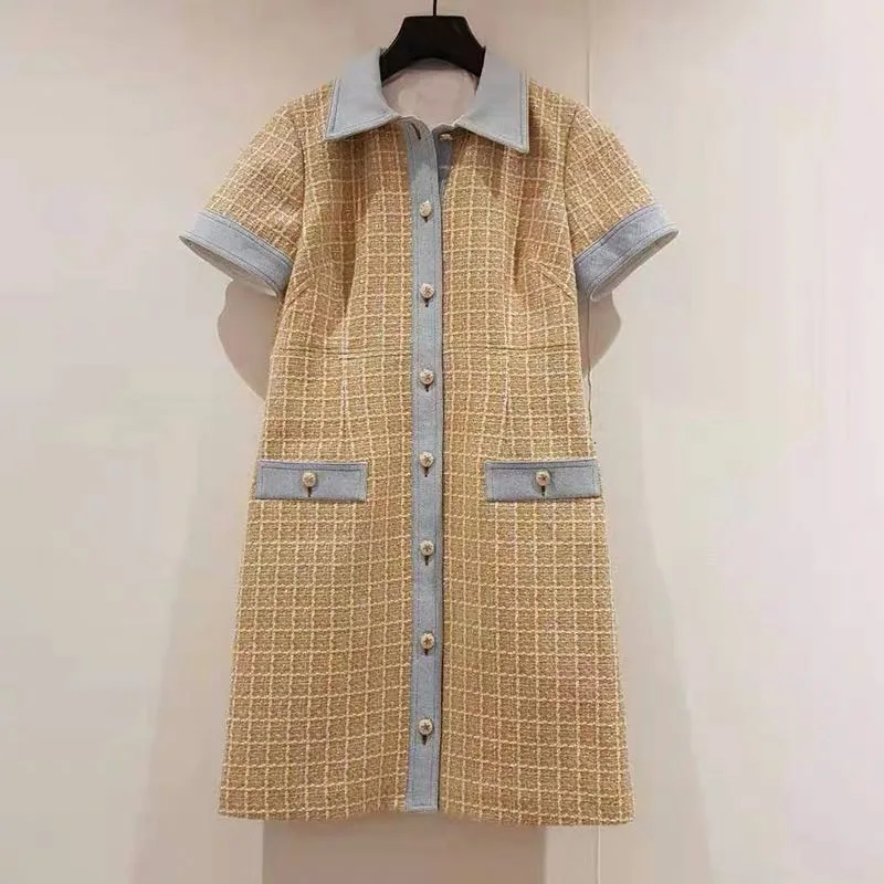 

Women Small Sweet Wind Tweed Cowboy Splicing Dress Women Short Sleeve Single Metal Buckle Yellow Casual Chic Femme Dresses