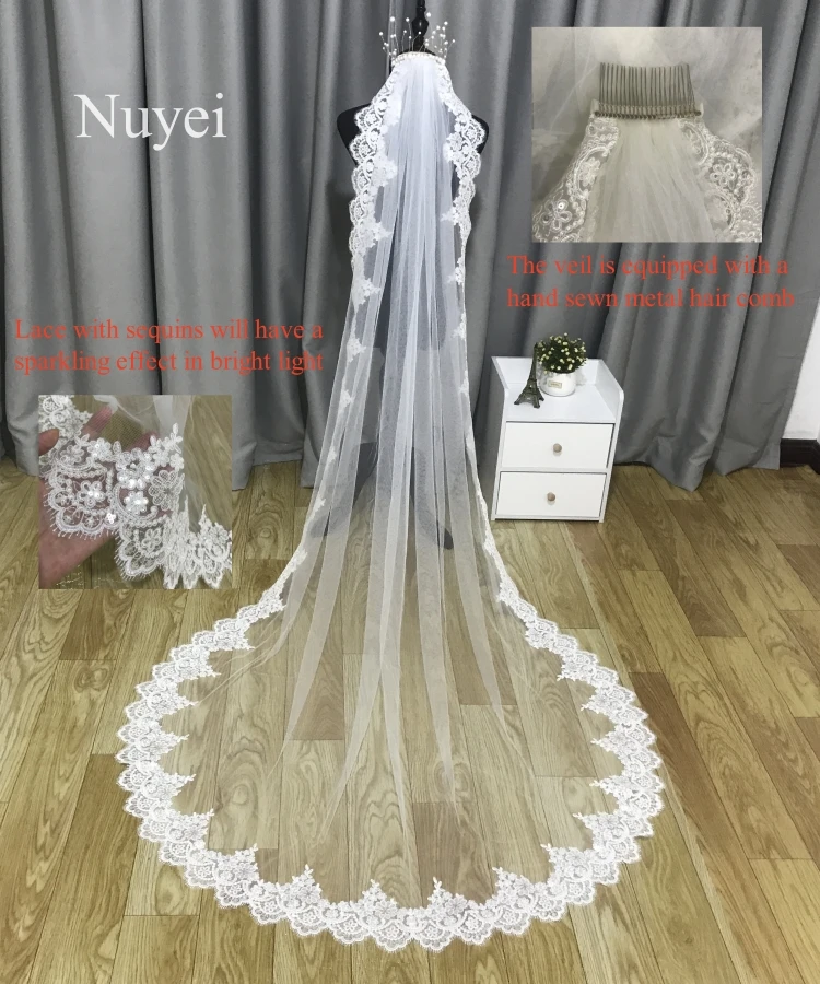 White Ivory 2 Meters Long Shining Lace Wedding Veil One Layer Tulle Bridal Veil with Comb Wedding Accessories Veu Velo Noiva