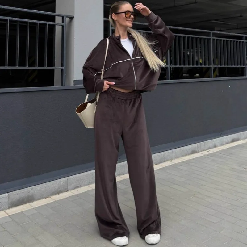 

Women's Solid Velvet Two-Piece Set - Western Casual Sporty Zip Cardigan & Elastic Wide-Leg Pants - Long-Sleeve Comfort Outfit