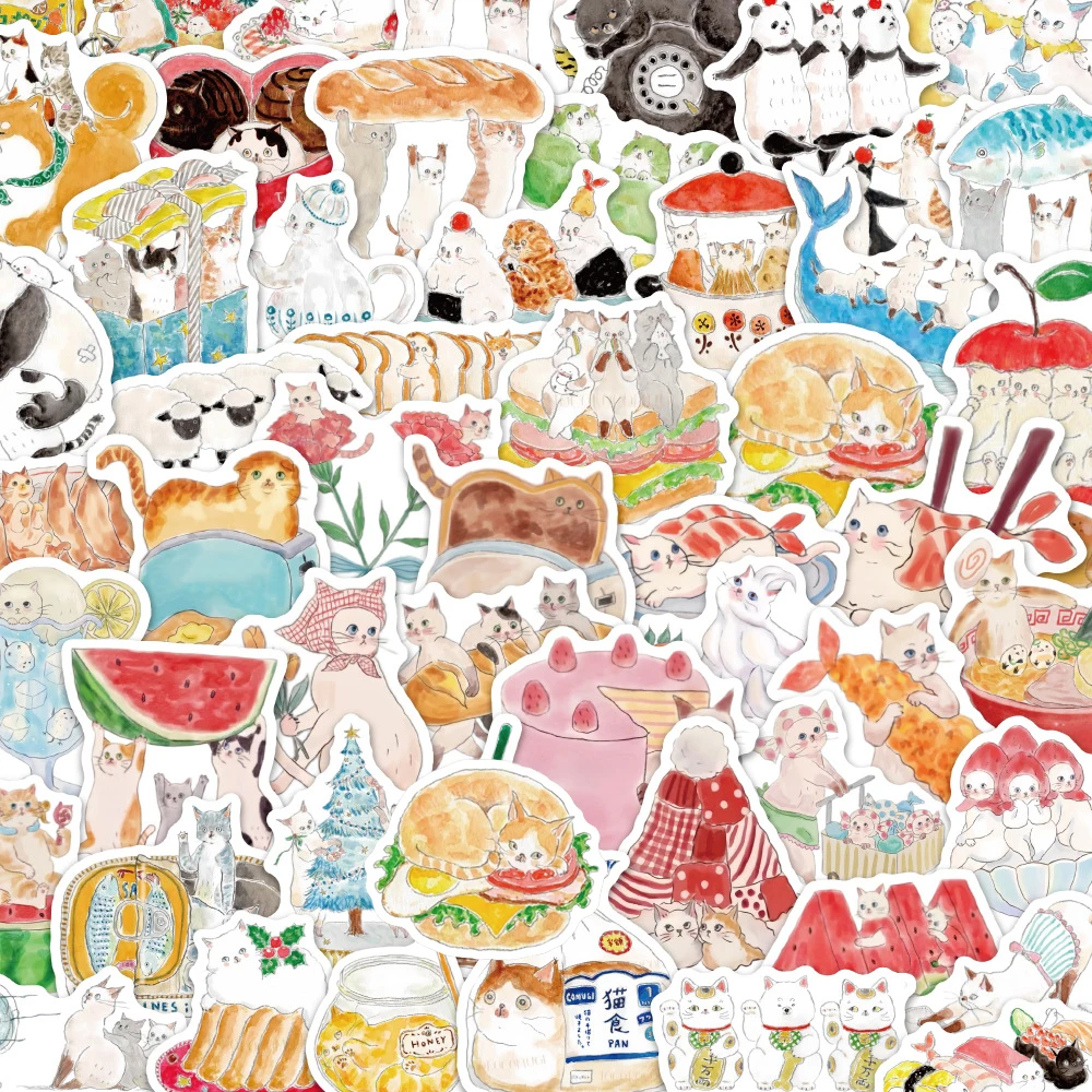 10/30/60 Stück Lustige Aquarell-Katzen- und Essens-Cartoon-Aufkleber Niedliche Anime-Kätzchen-Sticker Graffiti Wasserflasche Laptop Kawaii Aufkleber