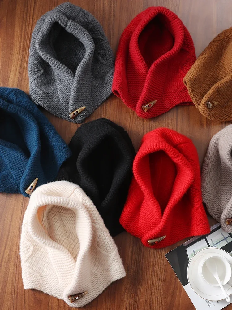 Pure Wool Knitted Balaclava Hat Thick Autumn Winter Soft Hood Horn Button Scarf Women Bonnet Men Neck Warm Ride Streetwear 2024