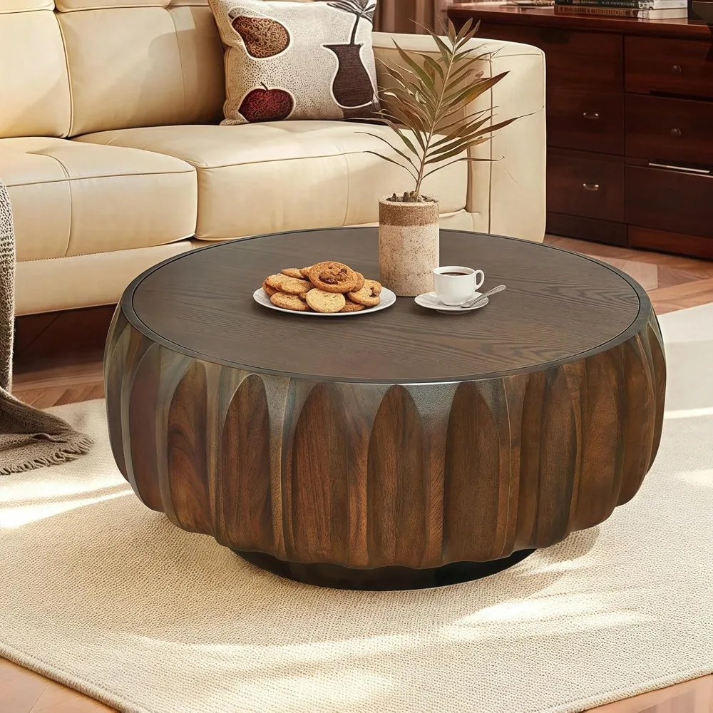 31.5 Drum Coffee Table Modern Unique Fluted Tea  Contemporary Wood Round Coffee  with Fluted Centry for Living