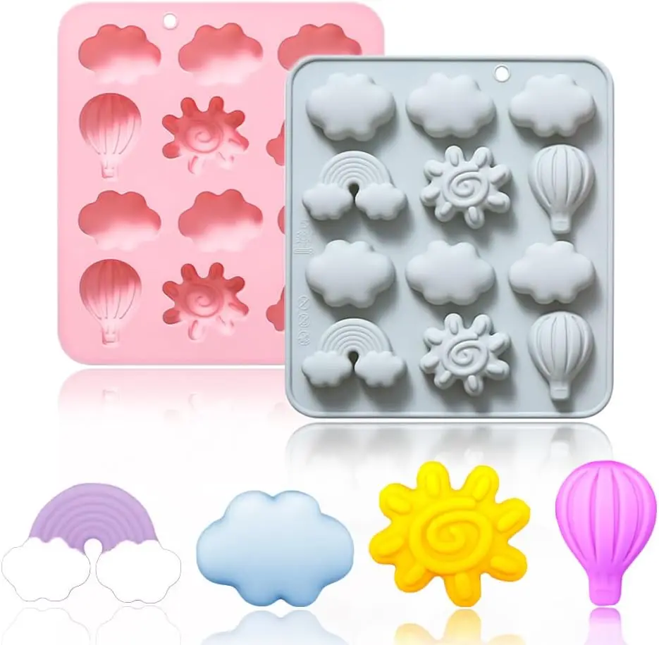 

2 Pack Silicone Chocolate Molds Sun Cloud Rainbow Hot Air Balloon Shaped Baking Mold for Gummy Ice Cube Cookie Cake Decoration