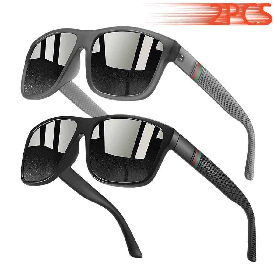2PCS Outdoor Casual Driving Fishing Oversized Square Sunglasses Vintage Designer Brand Fashion Check Pattern Eyewear Men Women