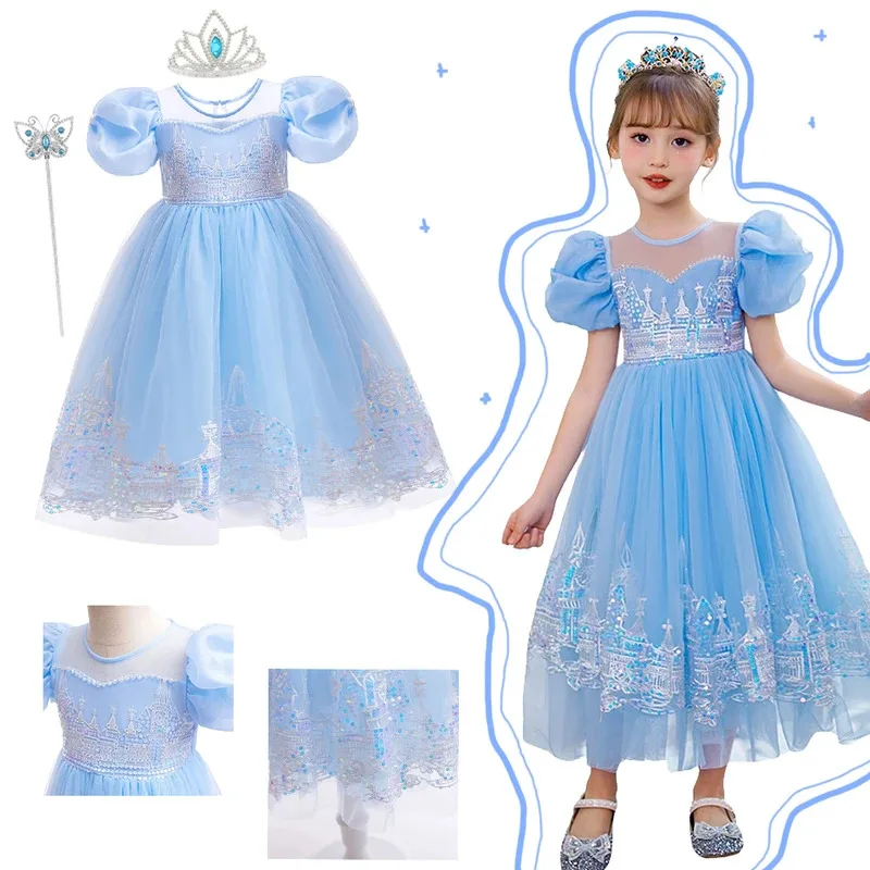 

Girls Luxury Elsa Princess Dress Girls Puff Sleeve Sequin Castle Decoration Dress Carnival Ball Costume For Kids Birthday Gifts