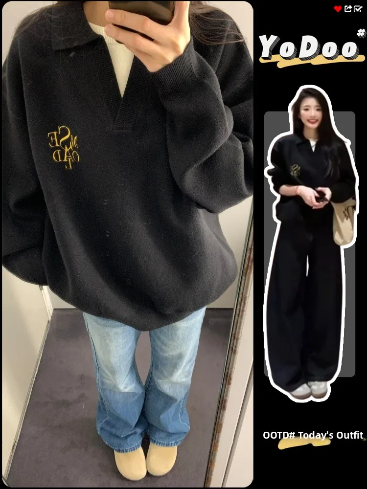 

Loose Bla Knitted Sweater Women's Autumn Winter Fake Two-Piece V-Ne Long Sve Top Outerwear Casual Comfortable Polyeste...