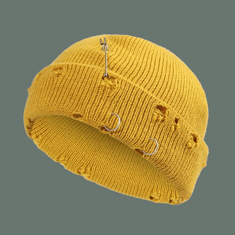 Unisex Knit Beanie Hats With Iron Rings & Safety Pin, Hip Hop Street Style Caps, Casual Outdoor Skull Cap