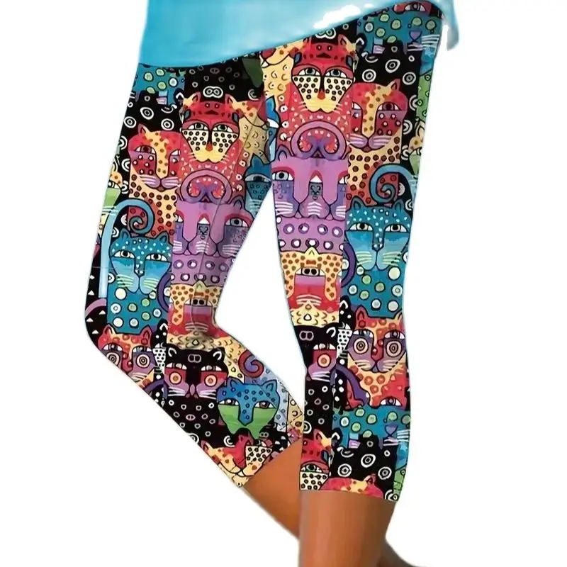 Cute kitten print stretch slim elastic waist tight casual leggings capri pants for women
