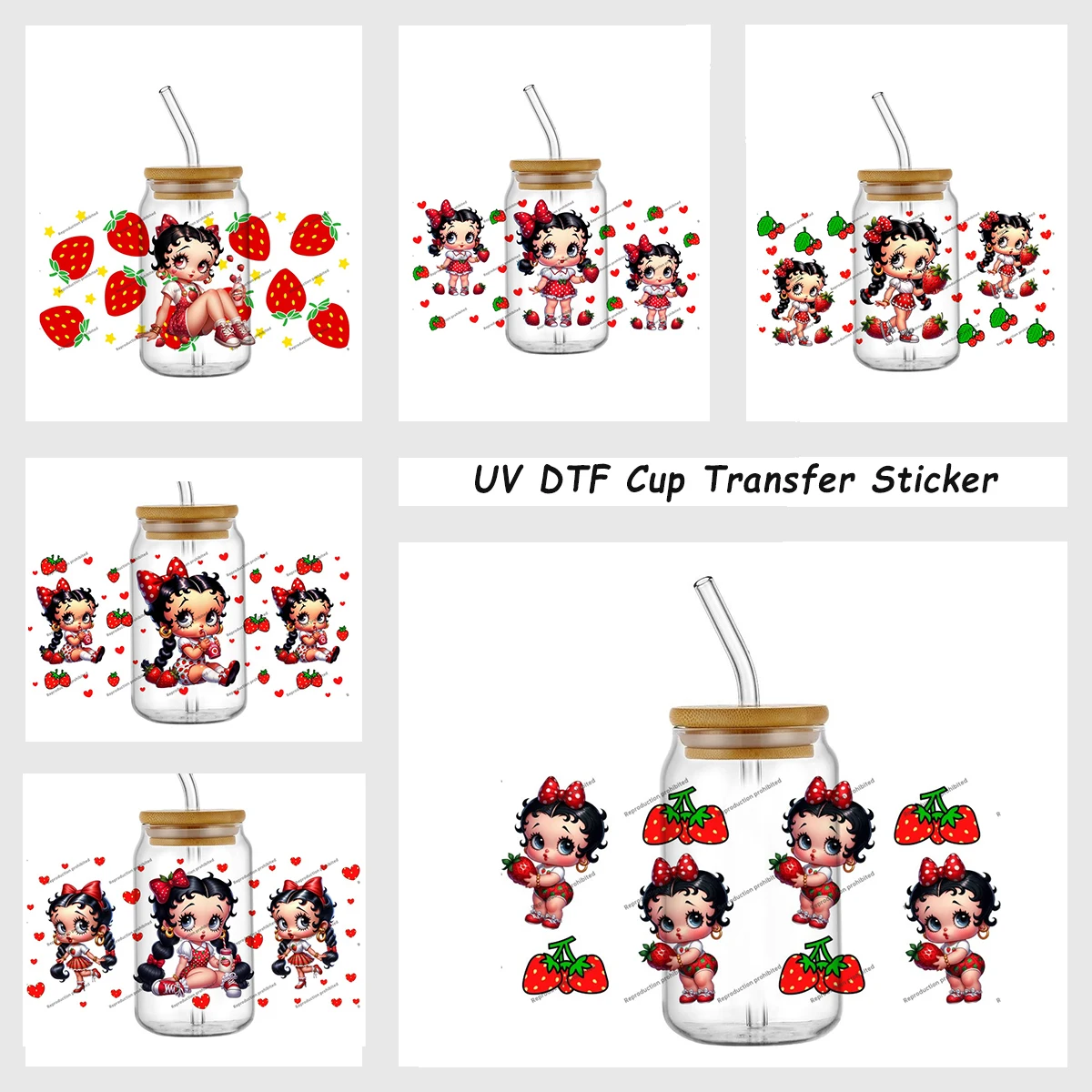 Linda Calcomanía Retro de Niña con Fresa para Taza, Adhesivo Impermeable de Transferencia en Frío, Diseño Kawaii Vintage de Dibujos Animados para Vaso de 16oz