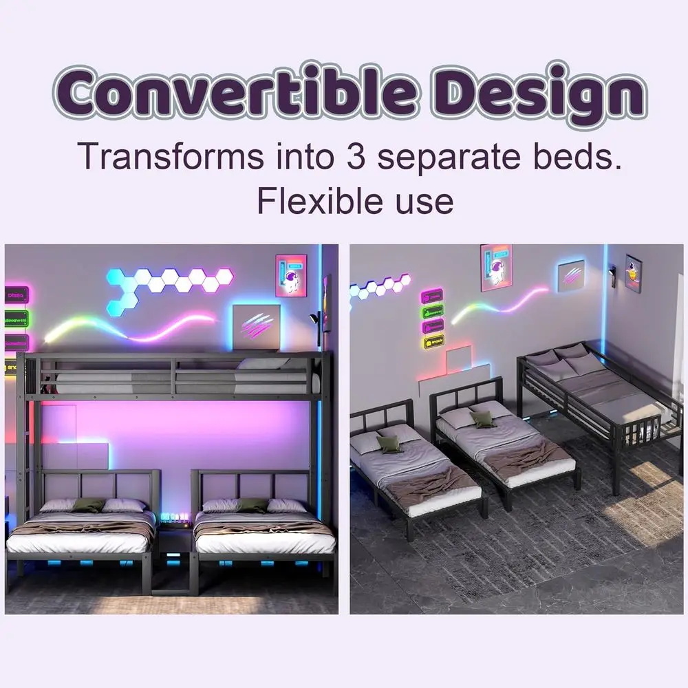 Twin XL Over Twin Over Twin Convertible Bunk Bed with LED,Metal Triple Bunk Bed or 3 Kids with Charge Station and Guardrails and view 4