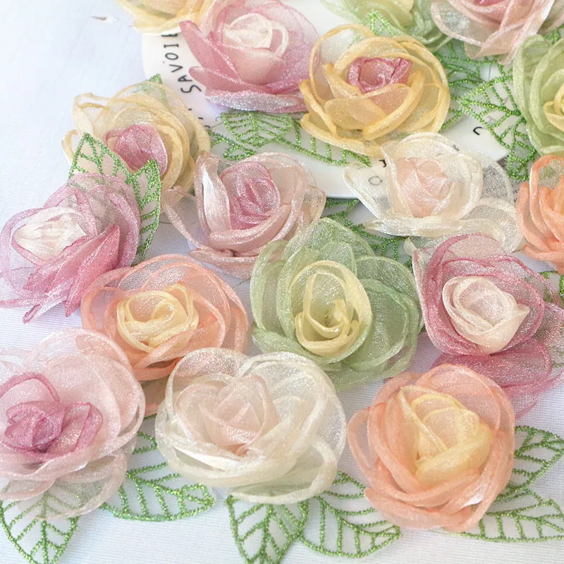 5Pcs 5.5CM Organza Fabric Leaf Rose Artificial Gauze Flower Silk Flower For DIY Hairpins Wedding Dress Party Home Decorations