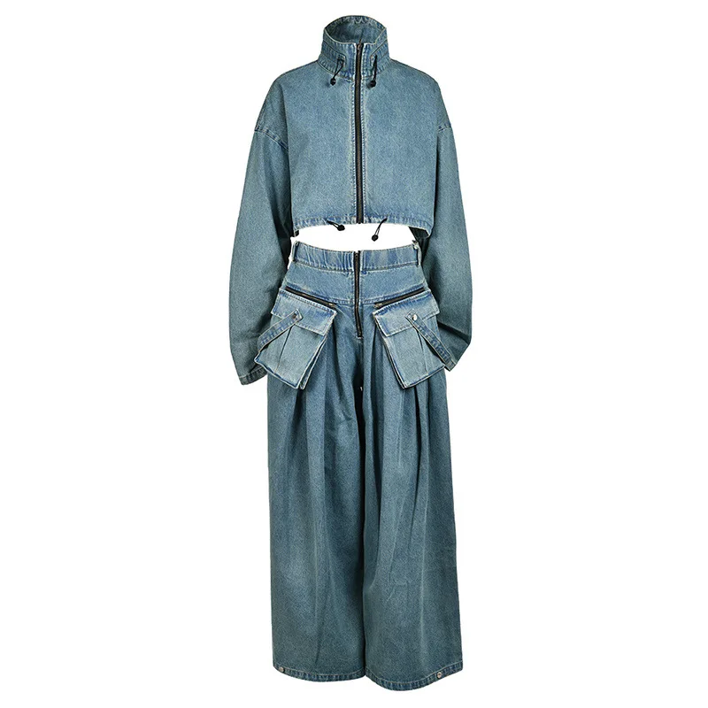 

SuperAen Fashion Denim Jacket Two-piece Autumn New Retro High-waisted Straight Pants Stand-up Collar Jacket Sets
