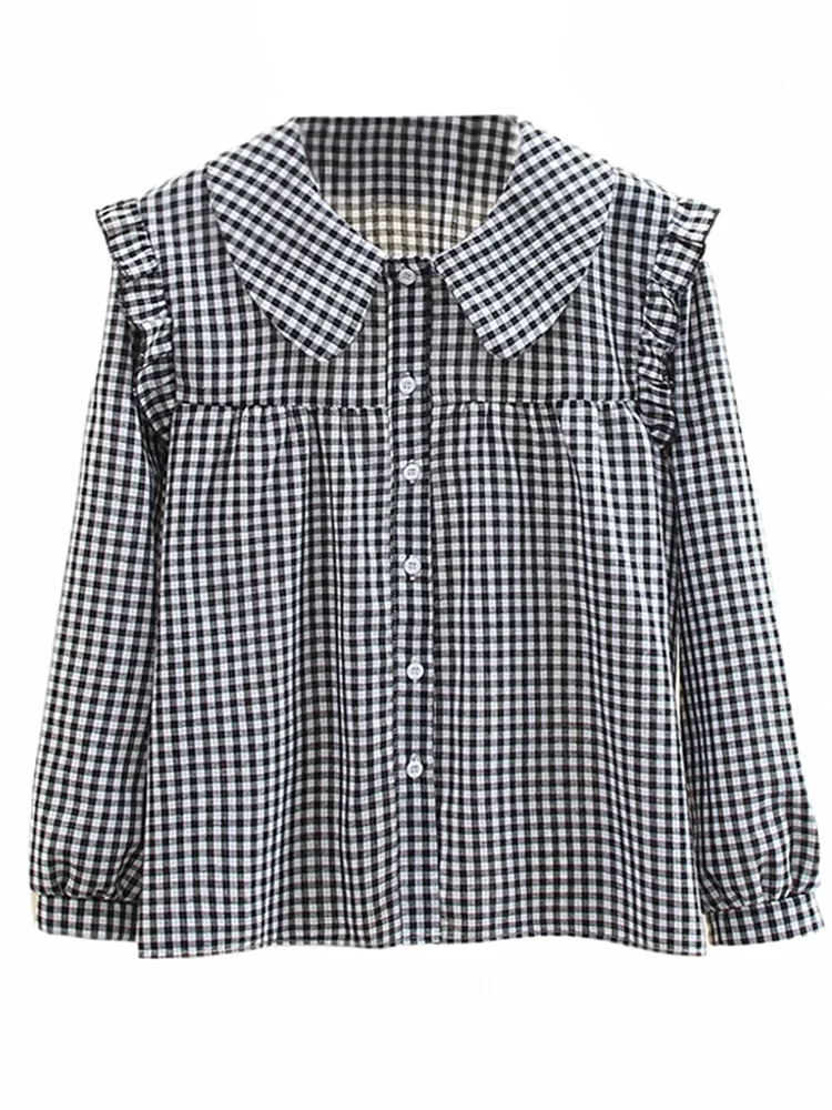 Grid shirt Women's Long Sleeved Spring Autumn New Korean Version Student Loose Fashion Doll Collar Blouse French Lace Splice Top