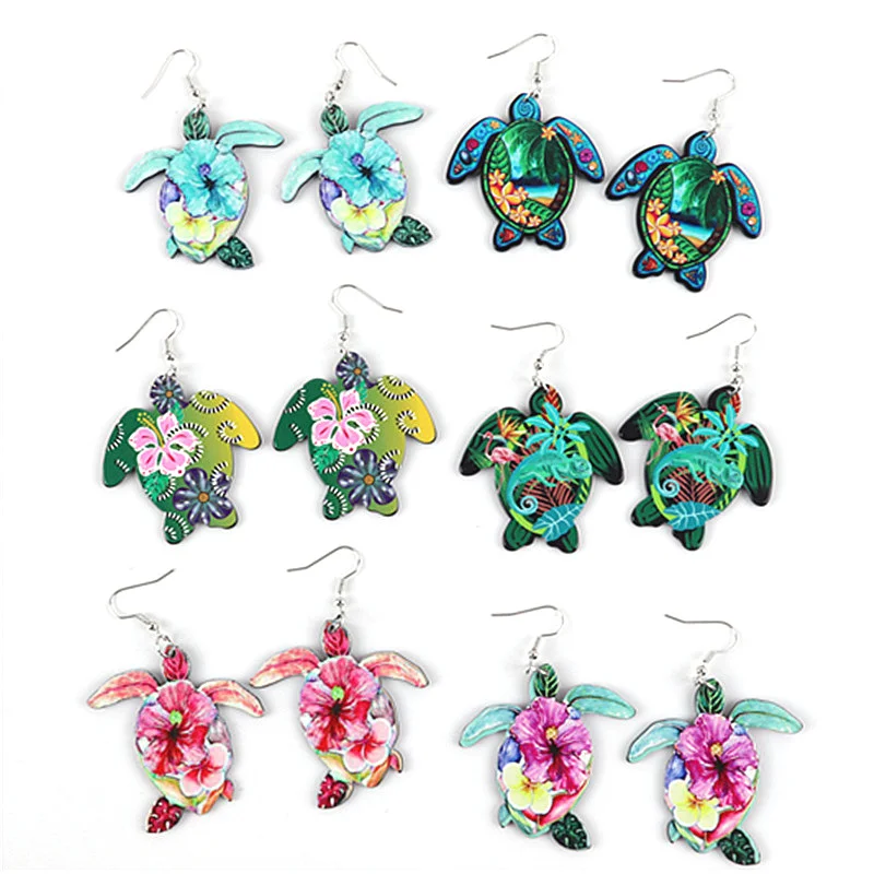 10pairs Boho Ethnic Wind Sea Turtle Ear Hook Earrings Jewelry Seaside Flower Travel Tortoise Acrylic Ear Beach Accessories