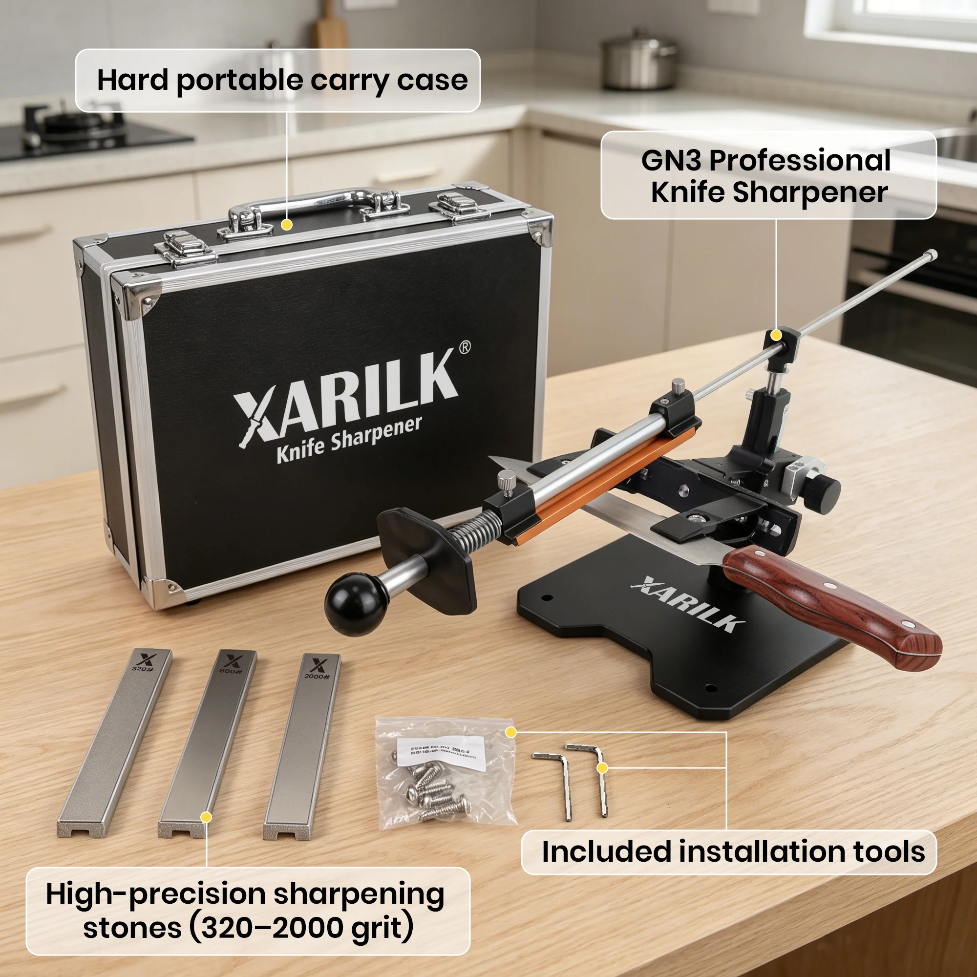 XARILK Gen3 Guided Sharpening System, Portable Aluminum Knife Sharpener Kit with 3 Diamond Abrasive Plates