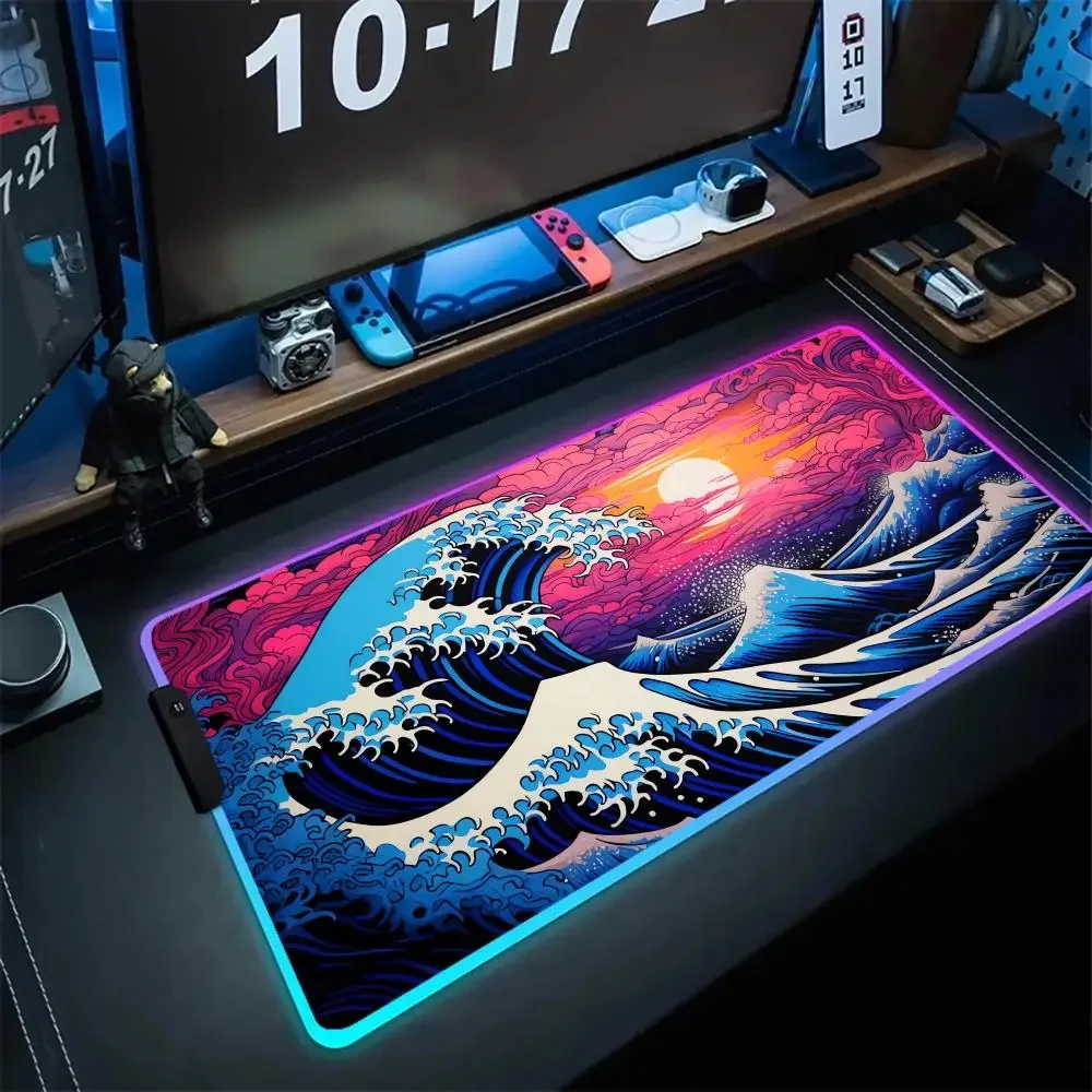 100x50cm PC RGB Desk Mats Design Mousepads Gamer LED Backlight Mouse Pad Wave And Cloud Table Pads Large Natural Rubber Desk Rug