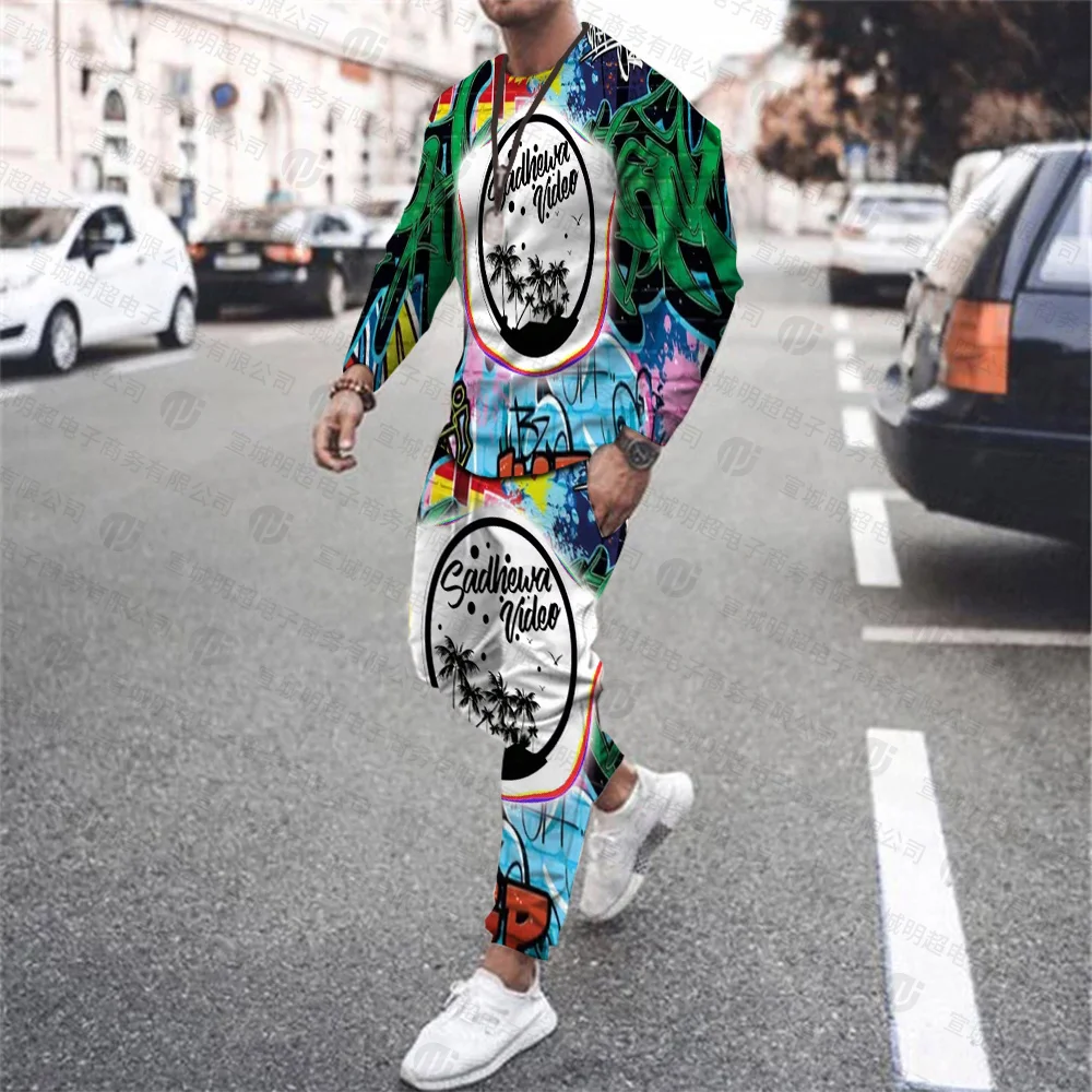 Autumn And Winter New Retro Graffiti 3D Printing Long Sleeves + Sports Trousers Casual Fashion Personality Two-Piece Set 4XL