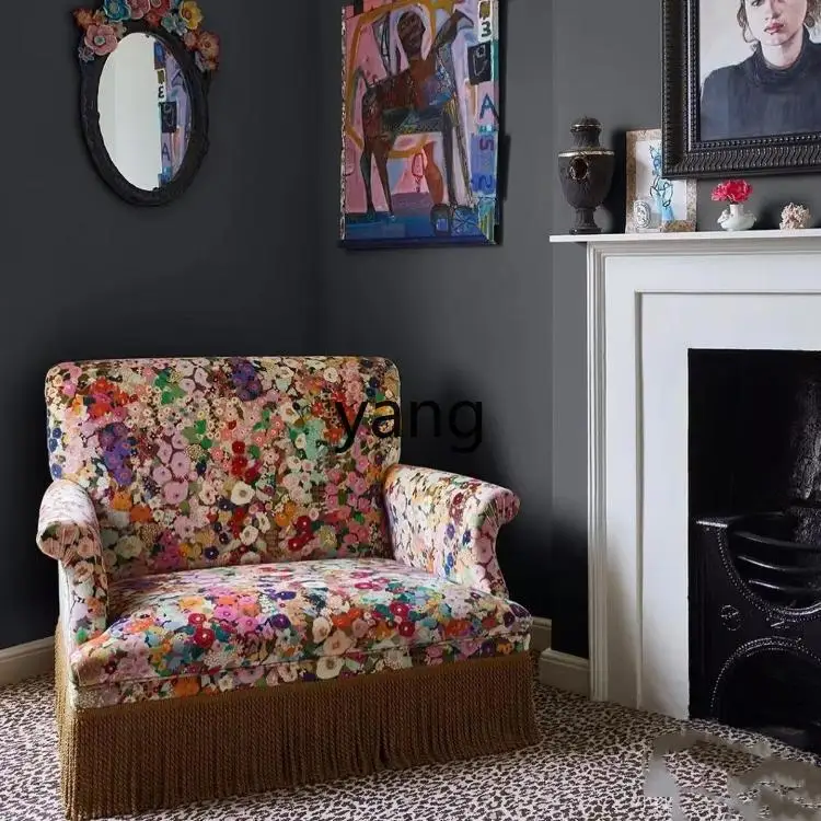 LMM الرجعية الرعوية الصغيرة الأزهار كرسي مرتفع الظهر الخشب الصلب أريكة مزدوجة